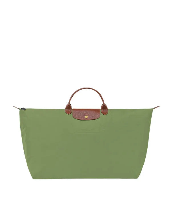 תיק יד גדול ירוק עם ידיות עור חום, מותג יוקרה, קבוצת אלפא, CHOZEN