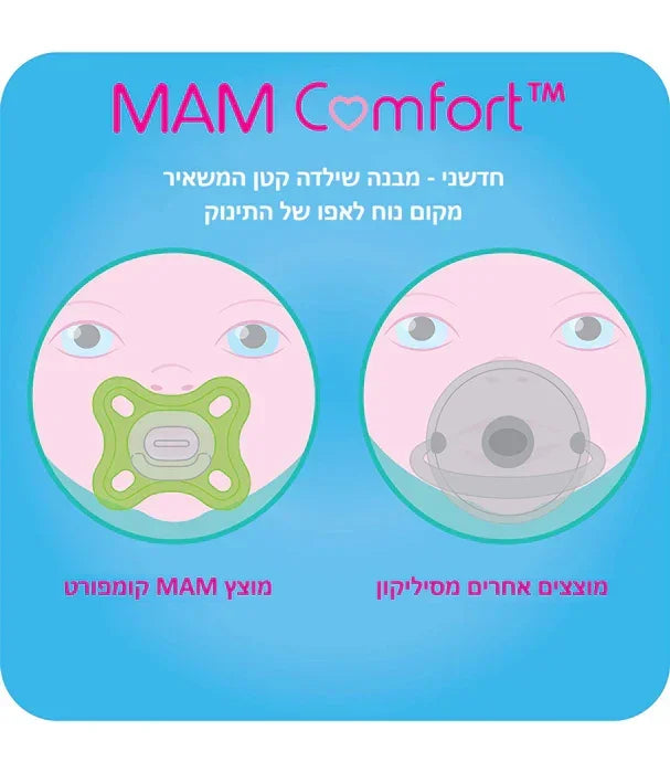 השוואת מוצץ MAM Comfort למוצץ סיליקון אחר על פני תינוק, רקע כחול ממותג CHOZEN