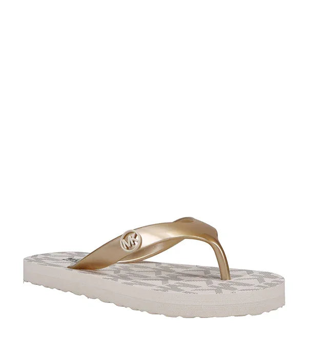 כפכף נשים זהוב עם לוגו MK ודוגמת משבצות, נעלי מותגים CHOZEN