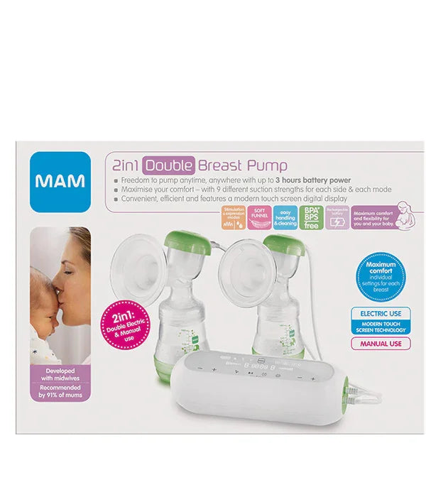 משאבת חלב חשמלית זוגית MAM 2in1 באריזת קרטון, צילום מוצר לחנות CHOZEN