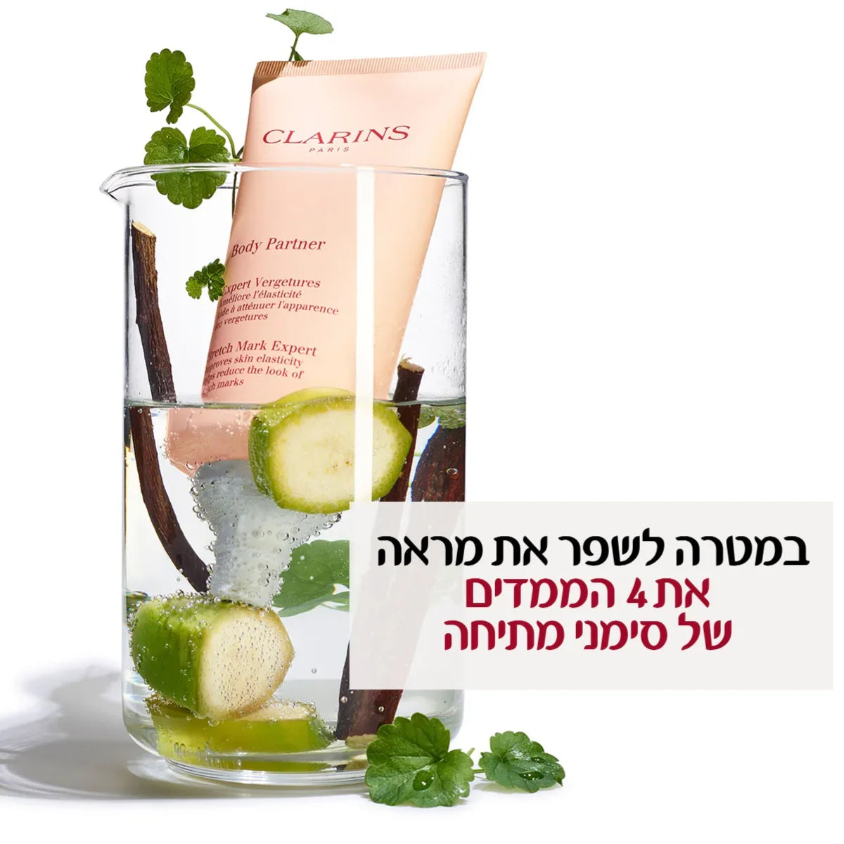 קרם גוף קלרינס Body Partner בכוס זכוכית עם קישוט צמחים ותמציות, מוצר טיפוח של CHOZEN