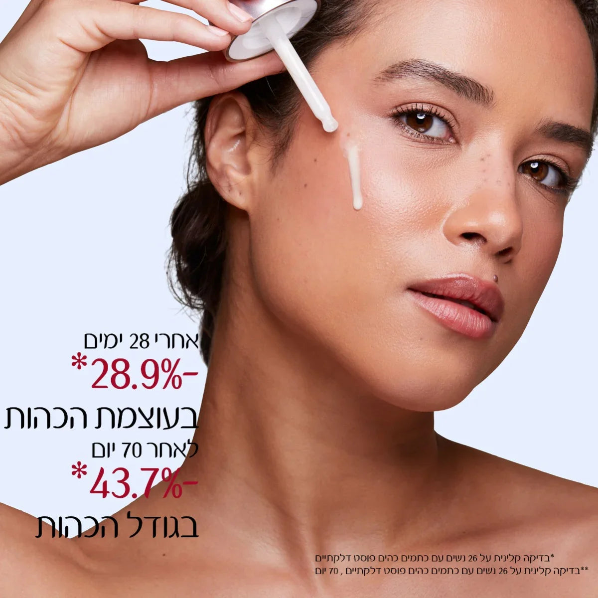 אשה מורחת סרום לפנים, קוסמטיקה איכותית מבית CHOZEN, תוצאות נראות לעין