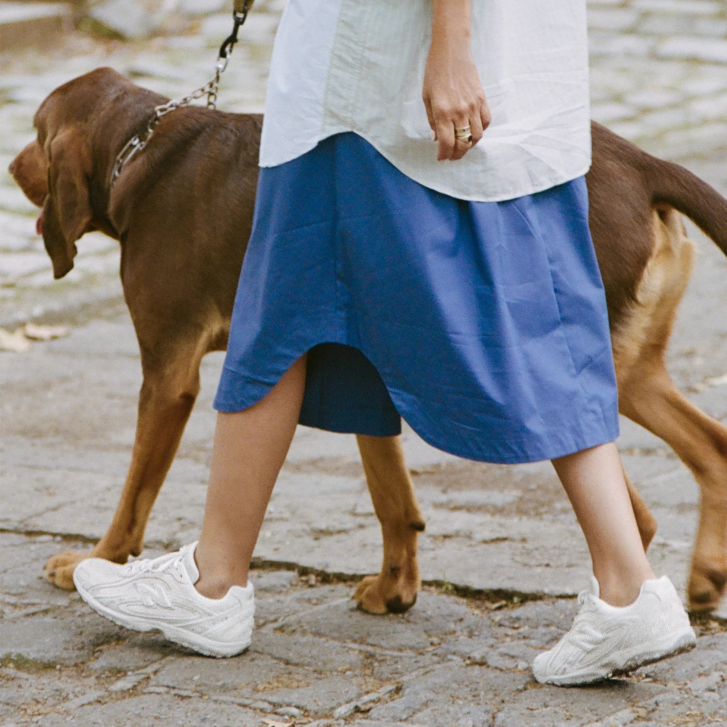 אישה עם חצאית כחולה, נעלי ספורט לבנות וכלב מגזע גדול ברחוב, CHOZEN מותגים מובילים