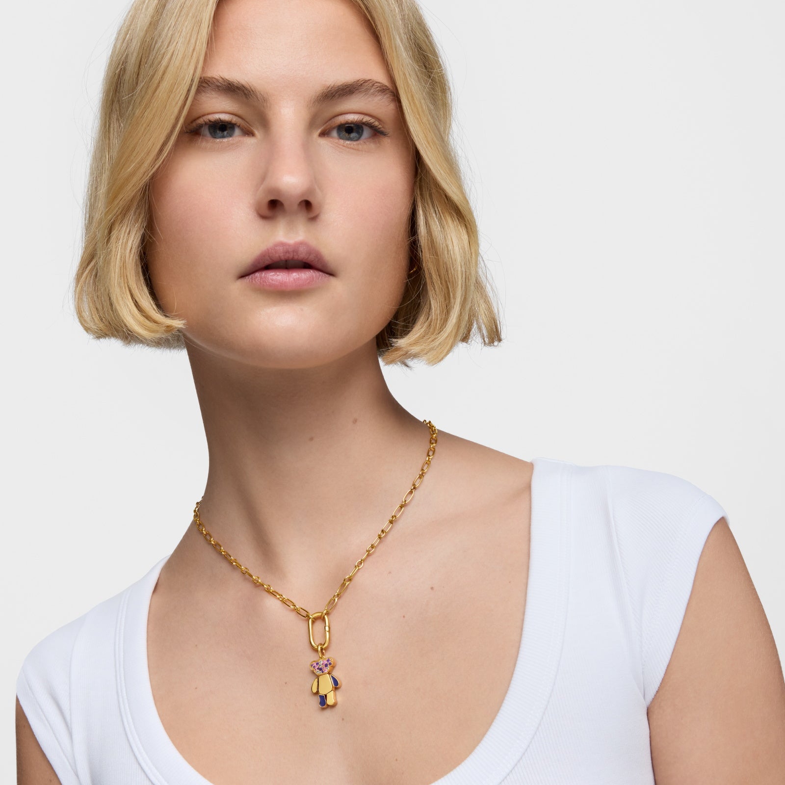 טואוס תליון במוטיב דובי בשיבוץ אבני חן צבעוניות Teddy Bear מכסף ועליו זהב 18 קראט