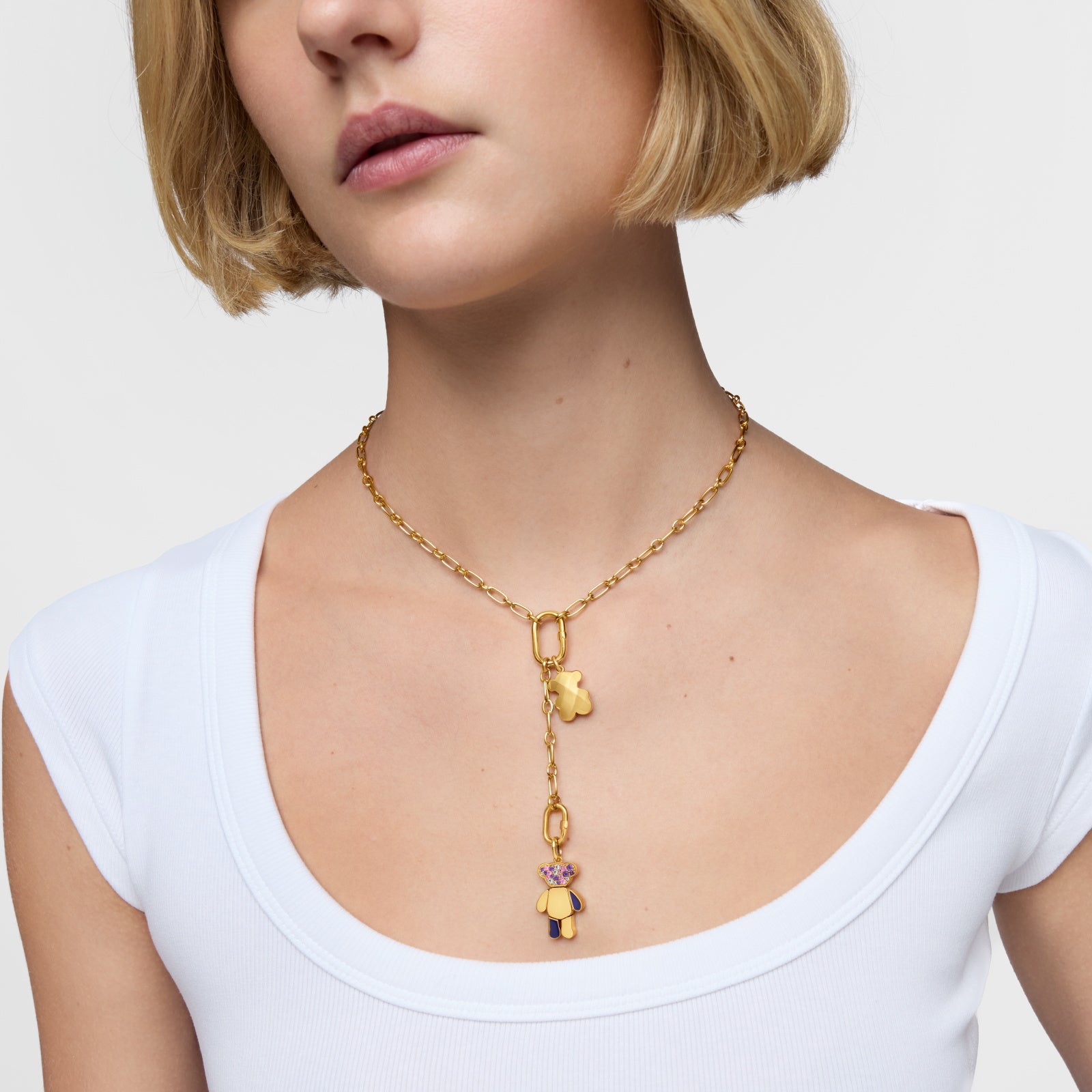 טואוס תליון במוטיב דובי בשיבוץ אבני חן צבעוניות Teddy Bear מכסף ועליו זהב 18 קראט