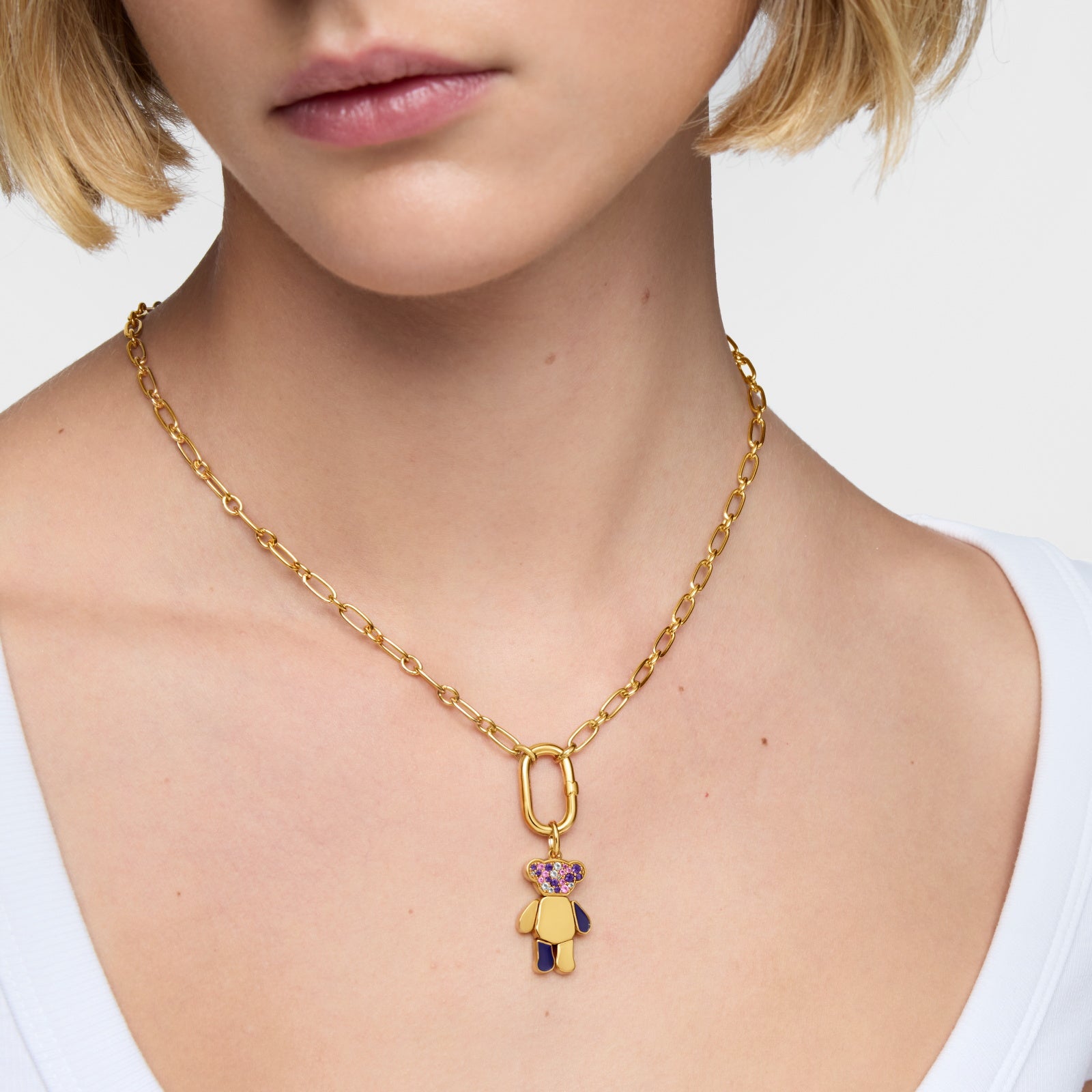 טואוס תליון במוטיב דובי בשיבוץ אבני חן צבעוניות Teddy Bear מכסף ועליו זהב 18 קראט