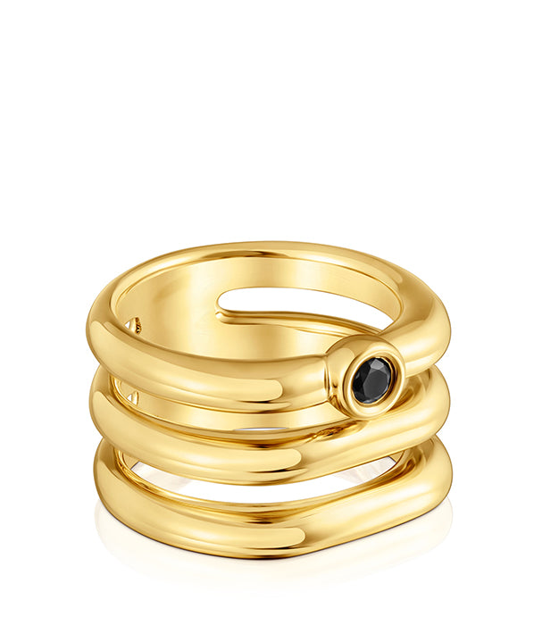 טואוס טבעת משולשת בשיבוץ אבן ספינל שחורה Line מכסף ועליו זהב 18 קראט