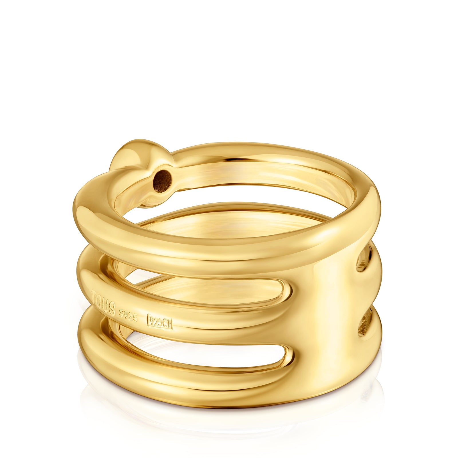 טואוס טבעת משולשת בשיבוץ אבן ספינל שחורה Line מכסף ועליו זהב 18 קראט