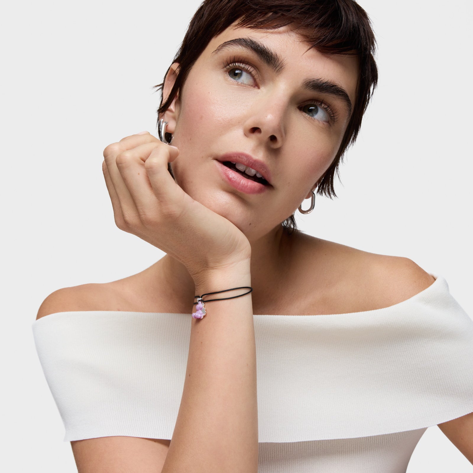 טואוס צמיד ניילון שחור Bold Bear בשילוב דובי כפול מכסף וקרמיקה בצבע סגול