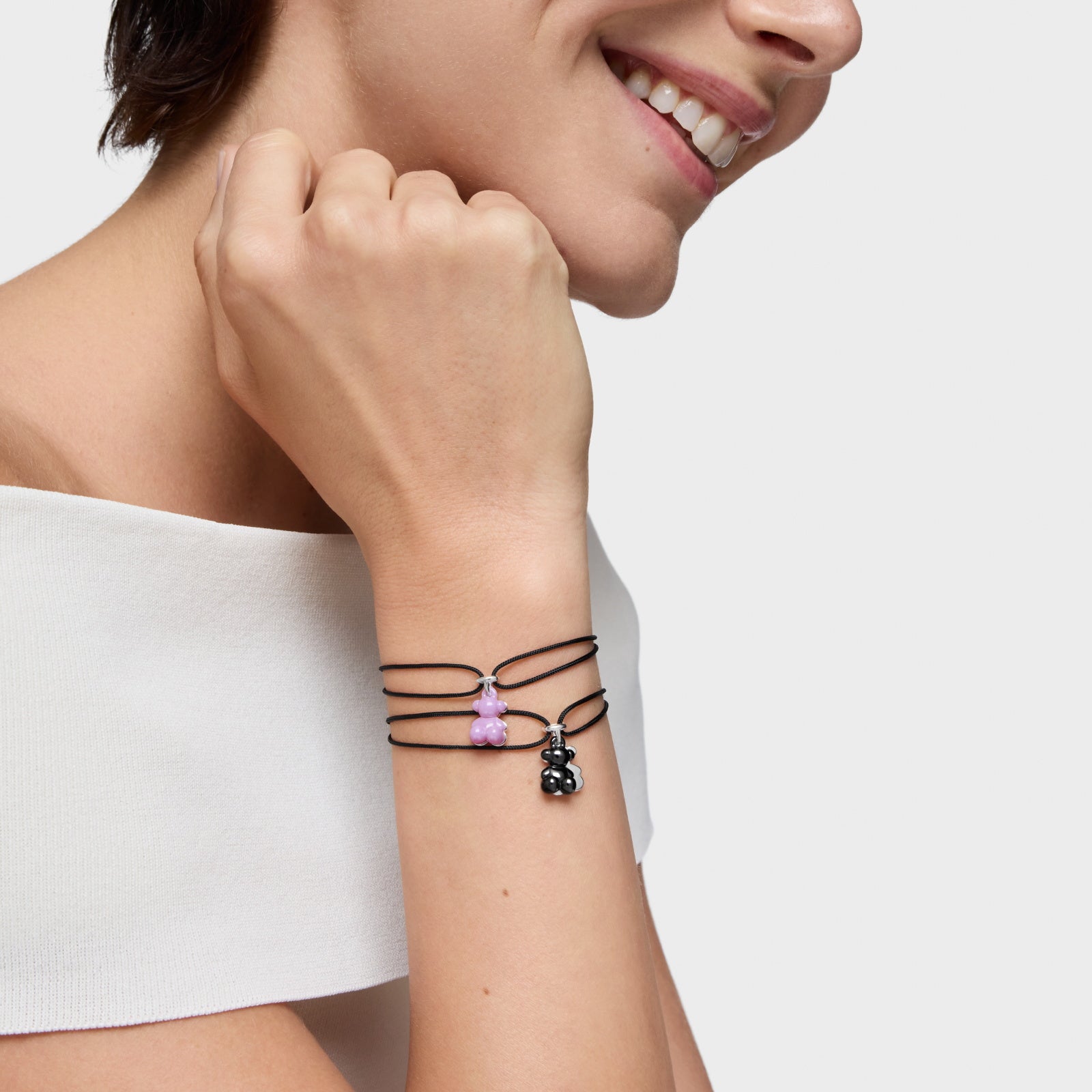 טואוס צמיד ניילון שחור Bold Bear בשילוב דובי כפול מכסף וקרמיקה בצבע סגול