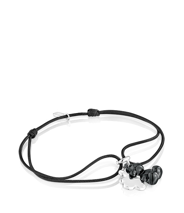 טואוס צמיד ניילון שחור Bold Bear בשילוב דובי כפול מכסף וקרמיקה בצבע שחור