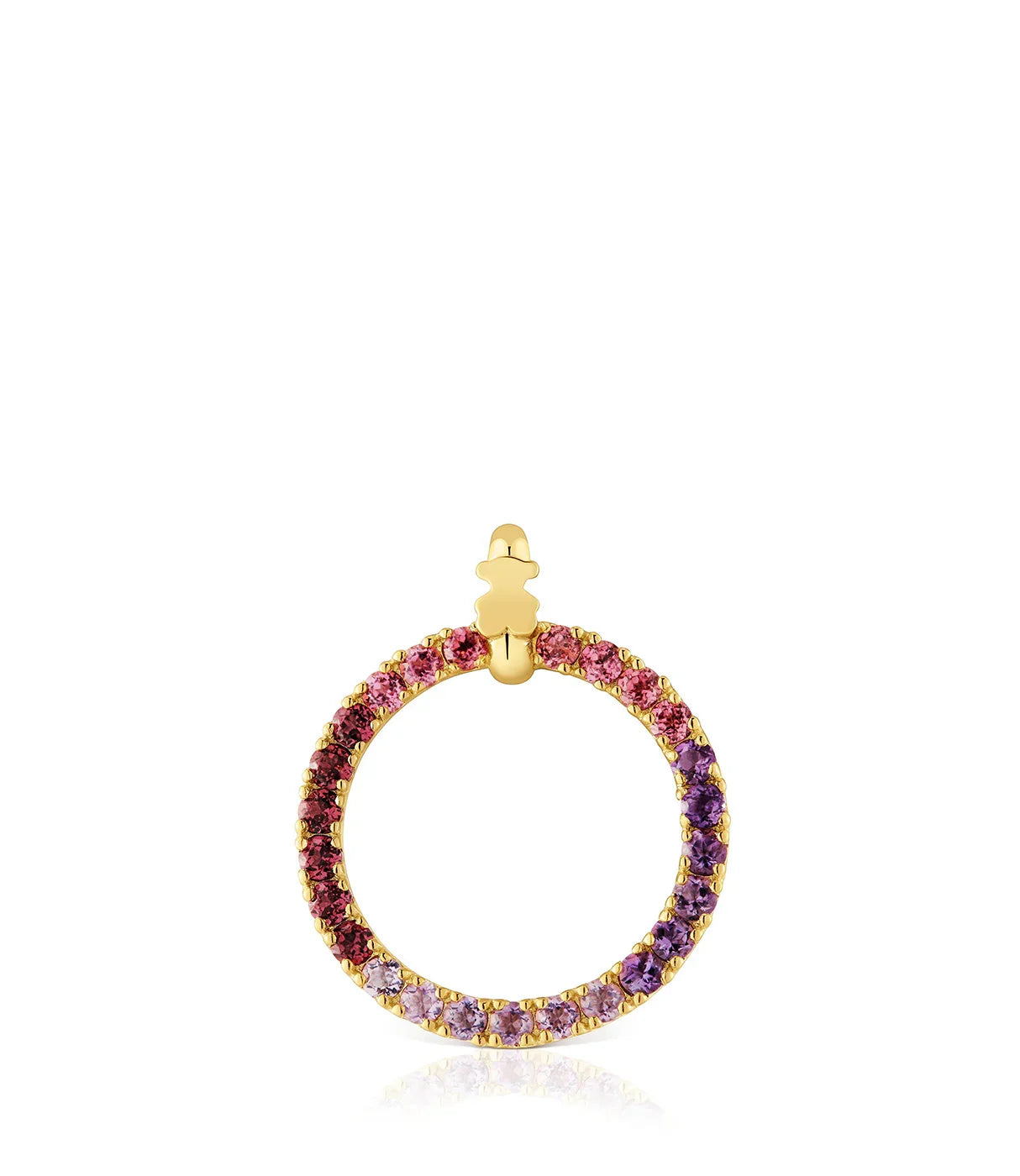 עגיל חישוק זהב משובץ אבנים צבעוניות בגווני ורוד וסגול, עיצוב מעודן ועדכני