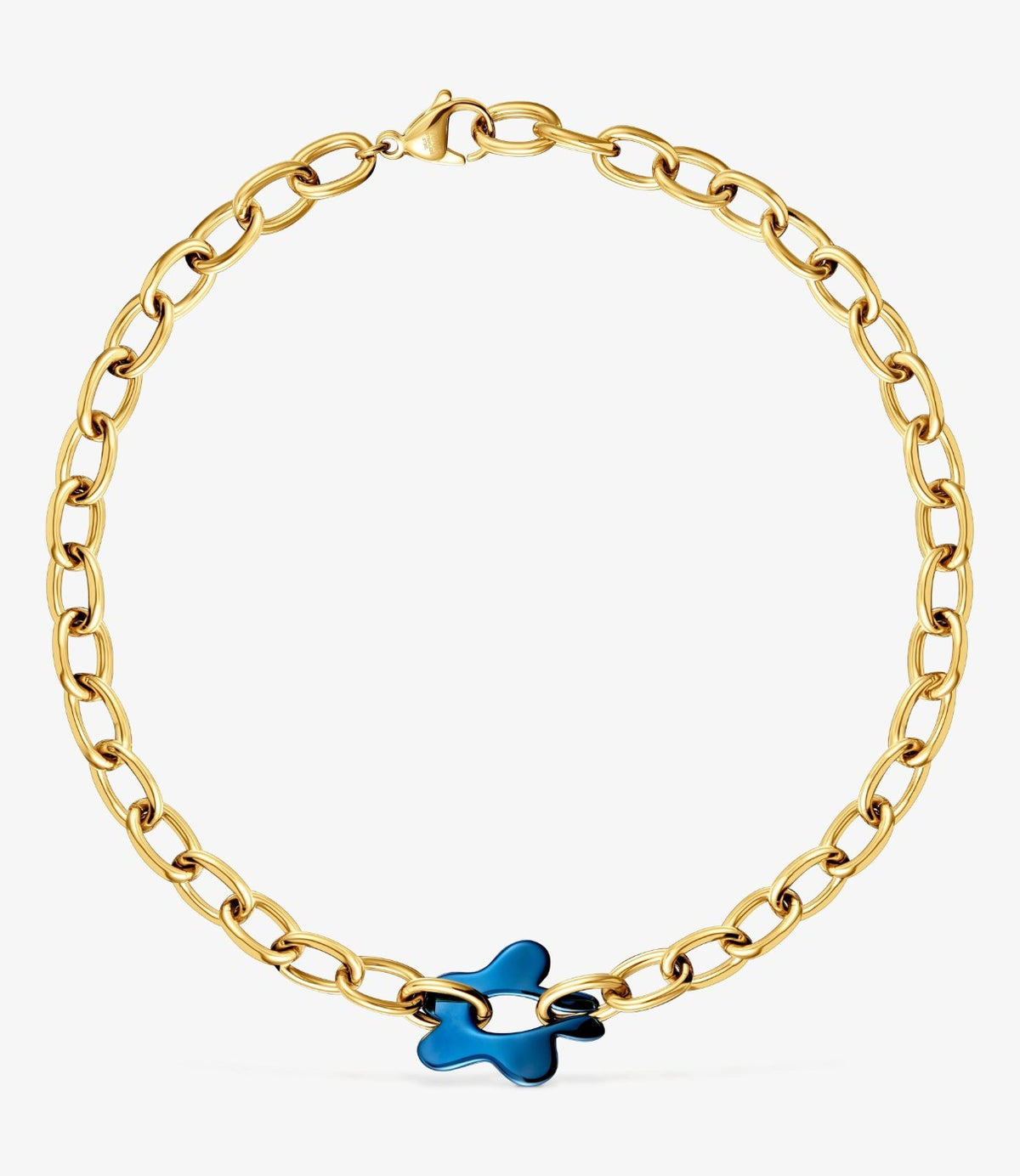 תמונה 1: שרשרת Flower מונחת בצורת עיגול עם מוטיב פרח כחול במרכז התחתון - CHOZEN