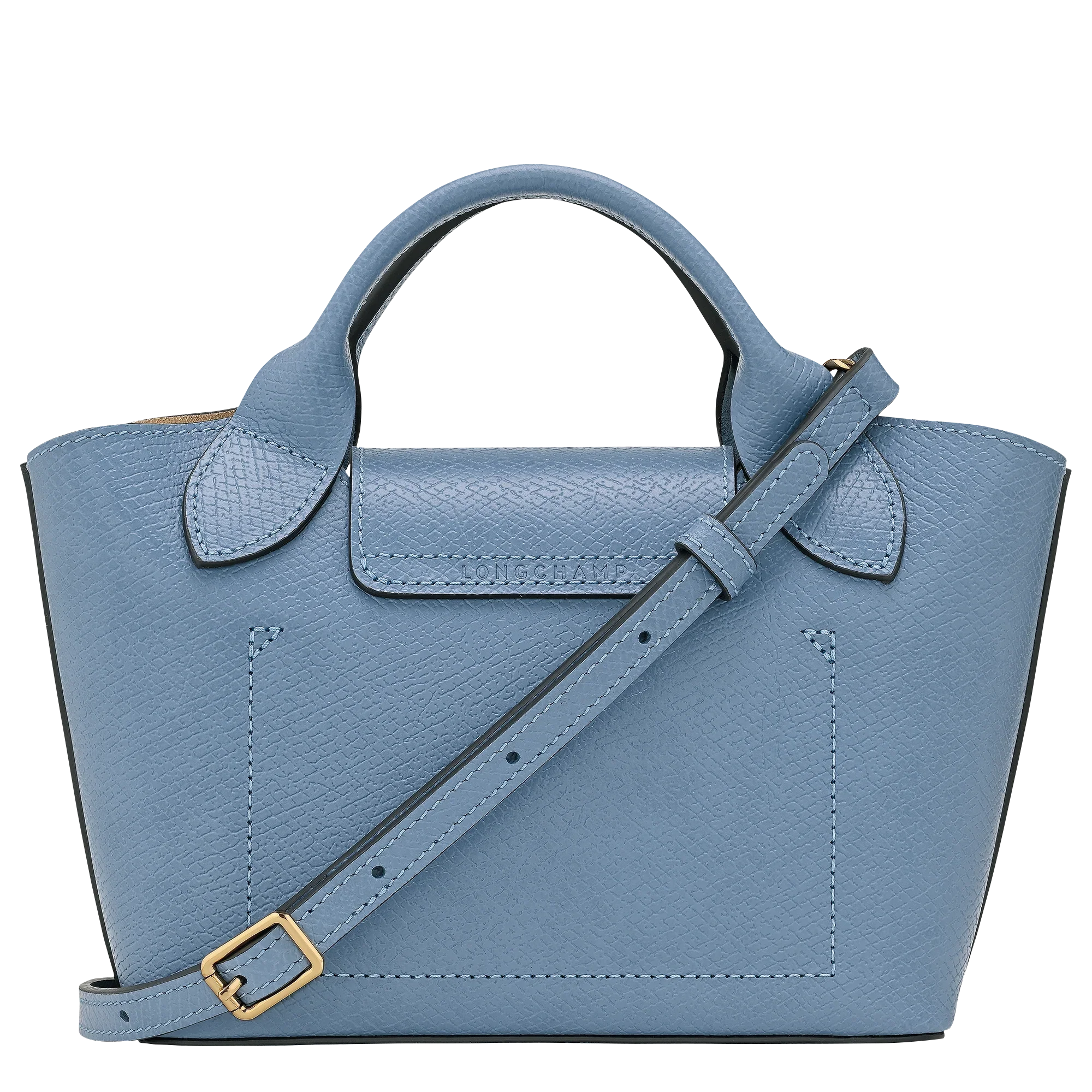 תיק עור כחול בהיר עם רצועה של LONGCHAMP, מוצג באתר CHOZEN מותגים מובילים