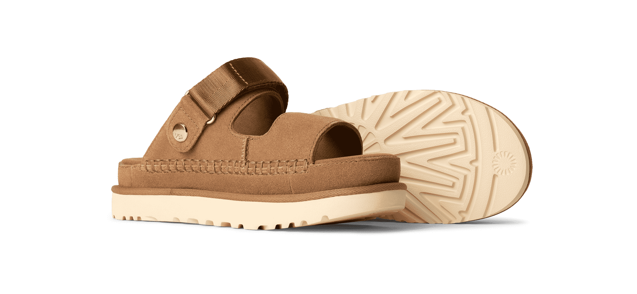 סנדל חום מבית UGG עם רצועה עבה וסוליה לבנה, נעל אופנתית באתר CHOZEN