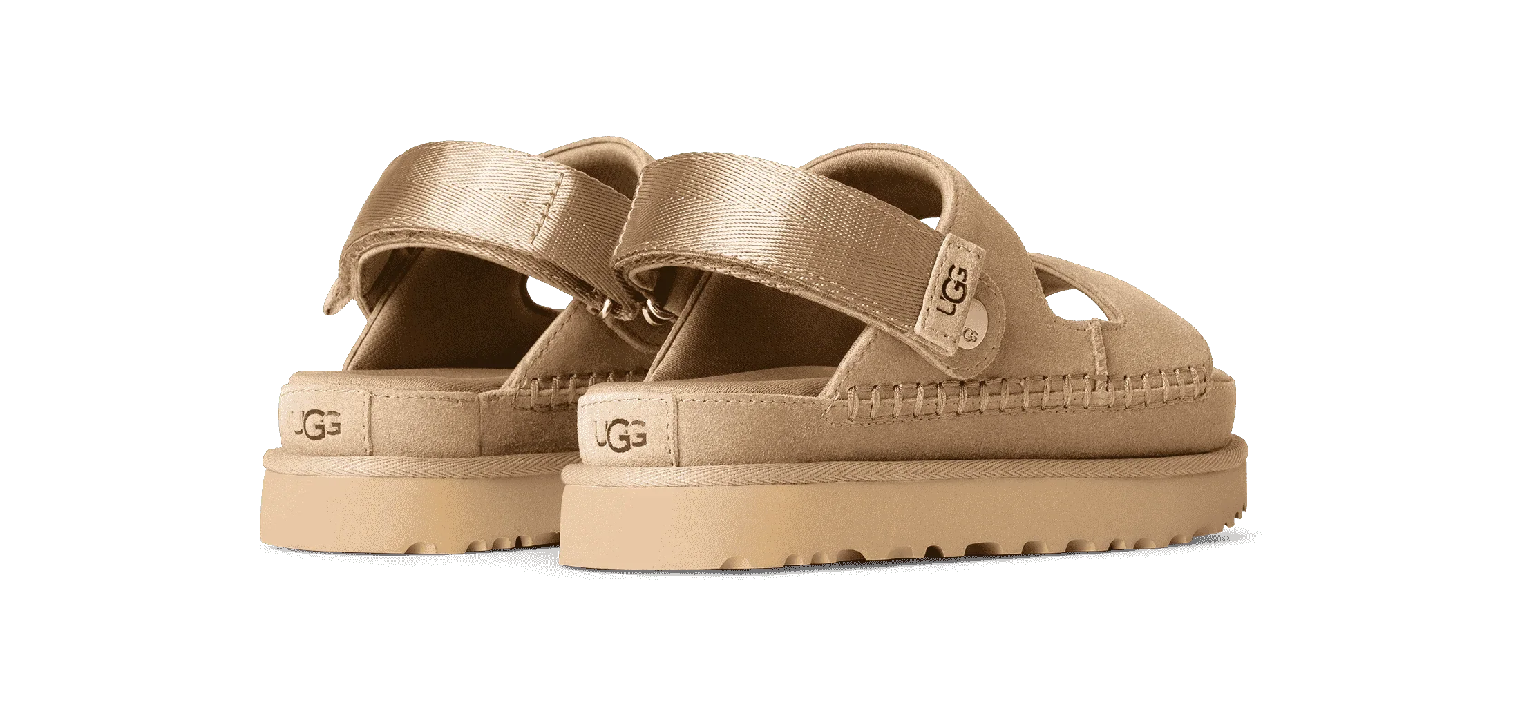 סנדלי עור בז׳ UGG עם סוליה עבה, עיצוב יוניסקס, מוצג באתר CHOZEN מיבואן רשמי