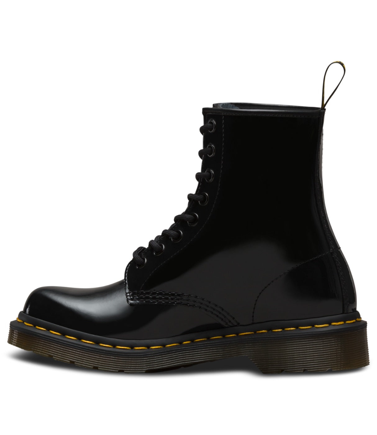 מגפי DR. MARTENS 1460 שחורים לכה לנשים, מבט מהצד השמאלי עם פרופיל מלא, מבית CHOZEN