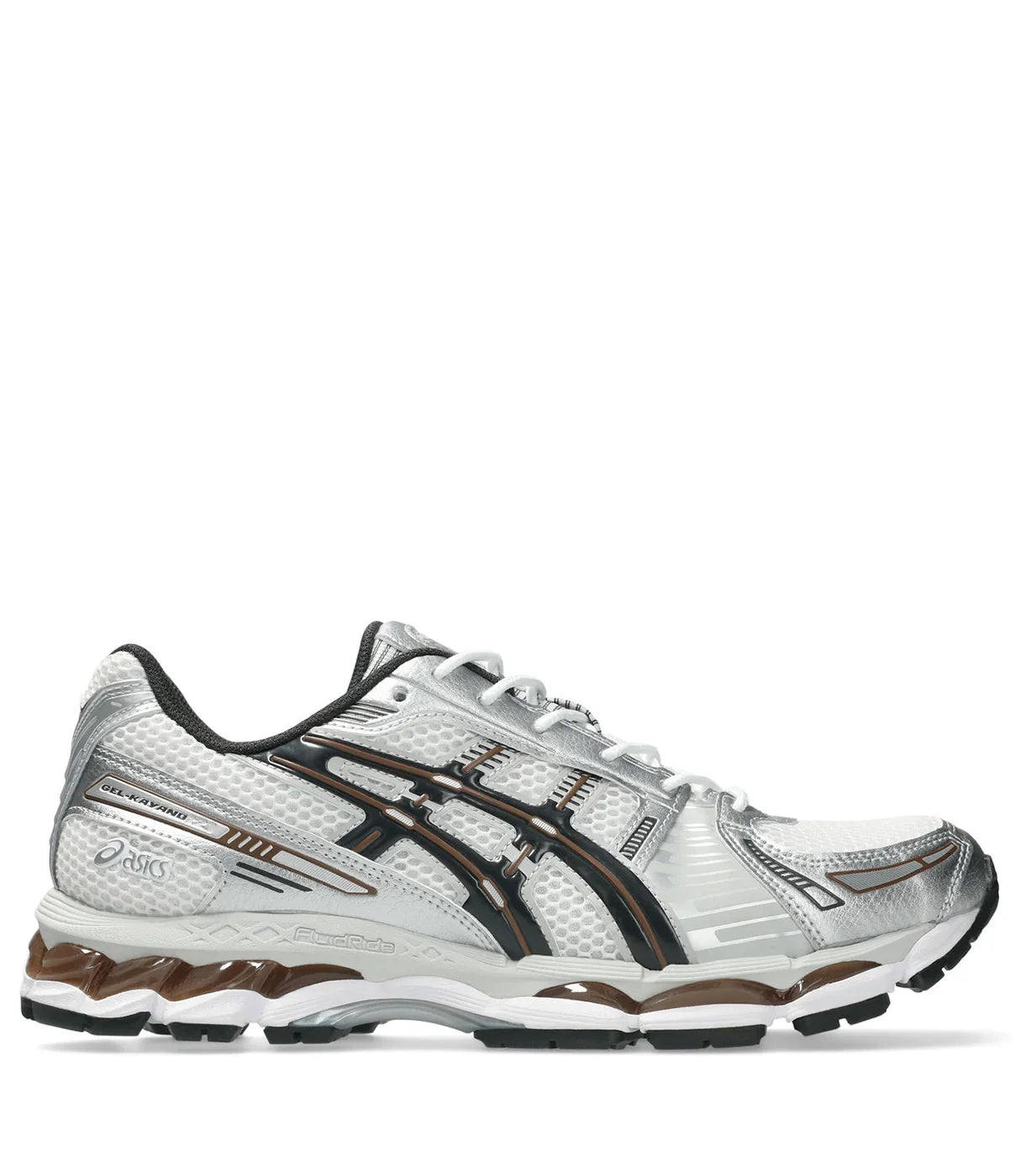 נעל ספורט גברית בצבע לבן וכסף עם עיטורים שחורים וחומים, רשת נושמת וסוליה מרופדת