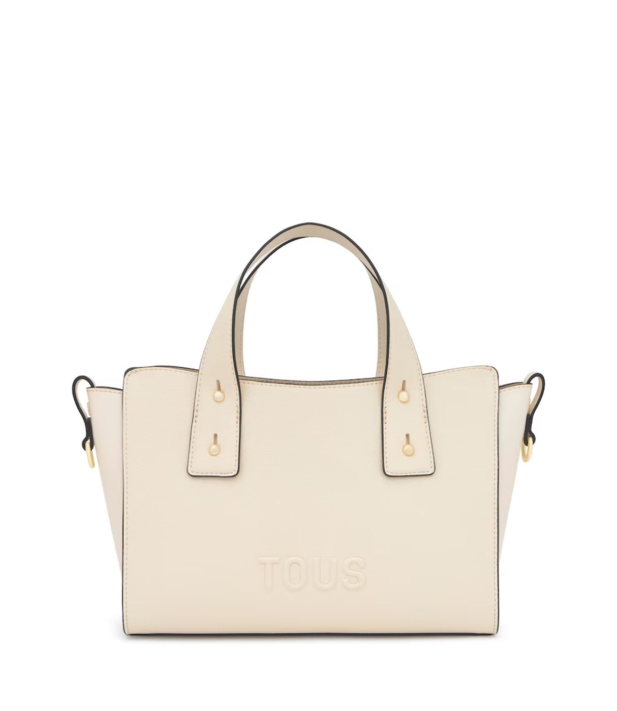 תיק יד נשים מעור בצבע שמנת עם ידיות כפולות ודיטיילים מוזהבים, לוגו TOUS מוטבע