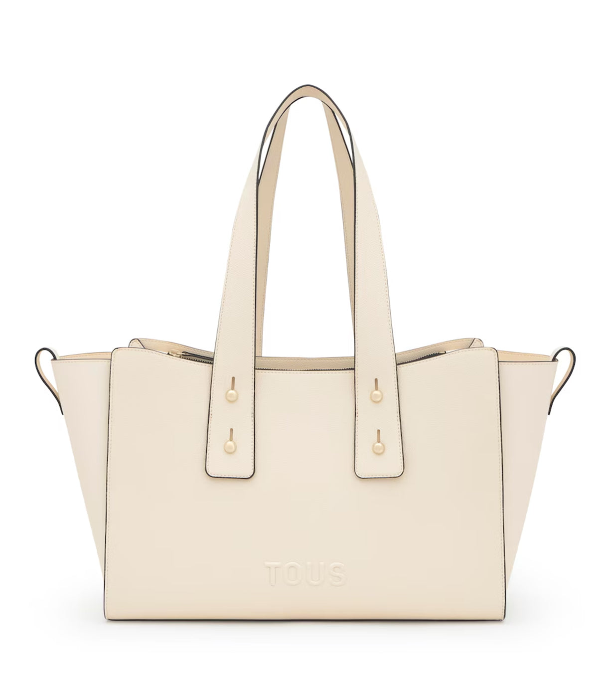 תיק יד נשי אופנתי בצבע שמנת, עיצוב מודרני עם ידיות ארוכות, לוגו TOUS בחזית