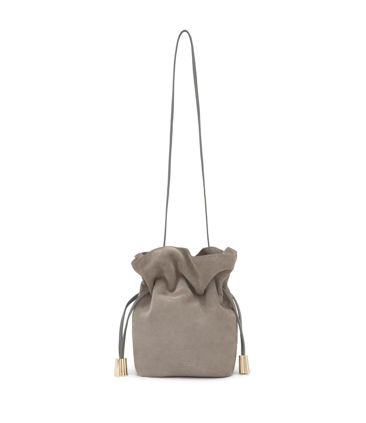 תיק יד קטן מעור זמש אפור עם שרוך וסוגר מתכת, עיצוב אופנתי לנשים