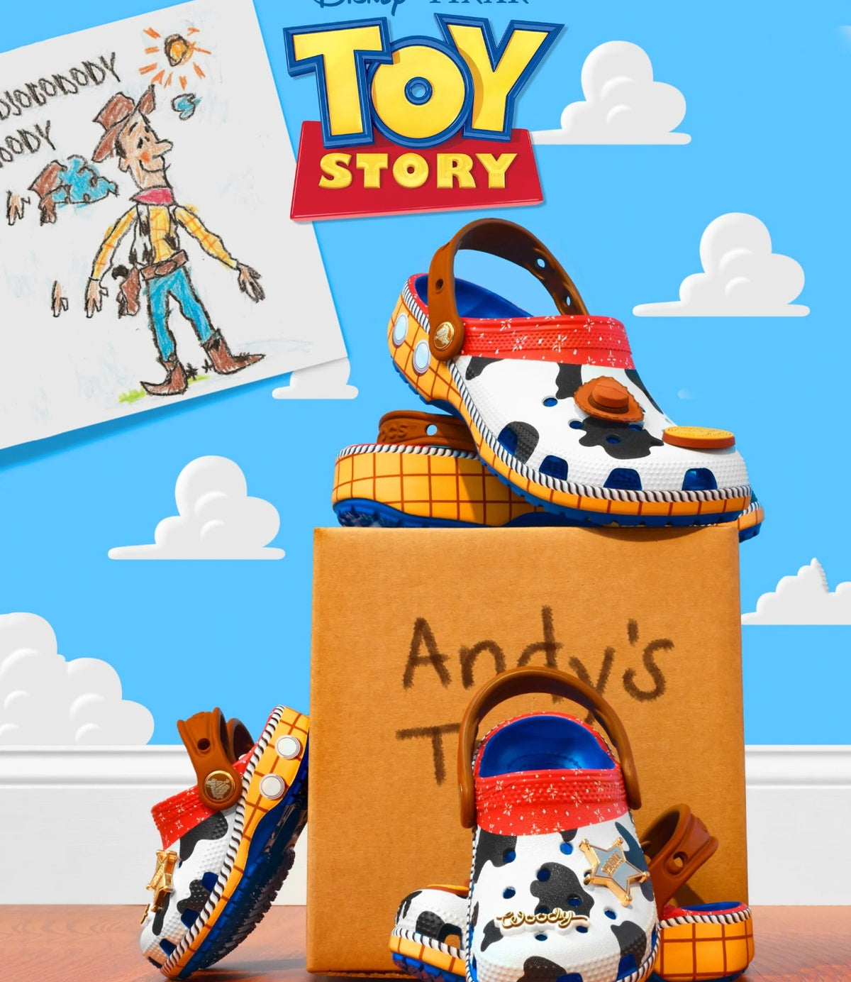 קופסת מוצר בעיצוב Andy's עם זוג כפכפי Woody ברקע שמיים - CHOZEN