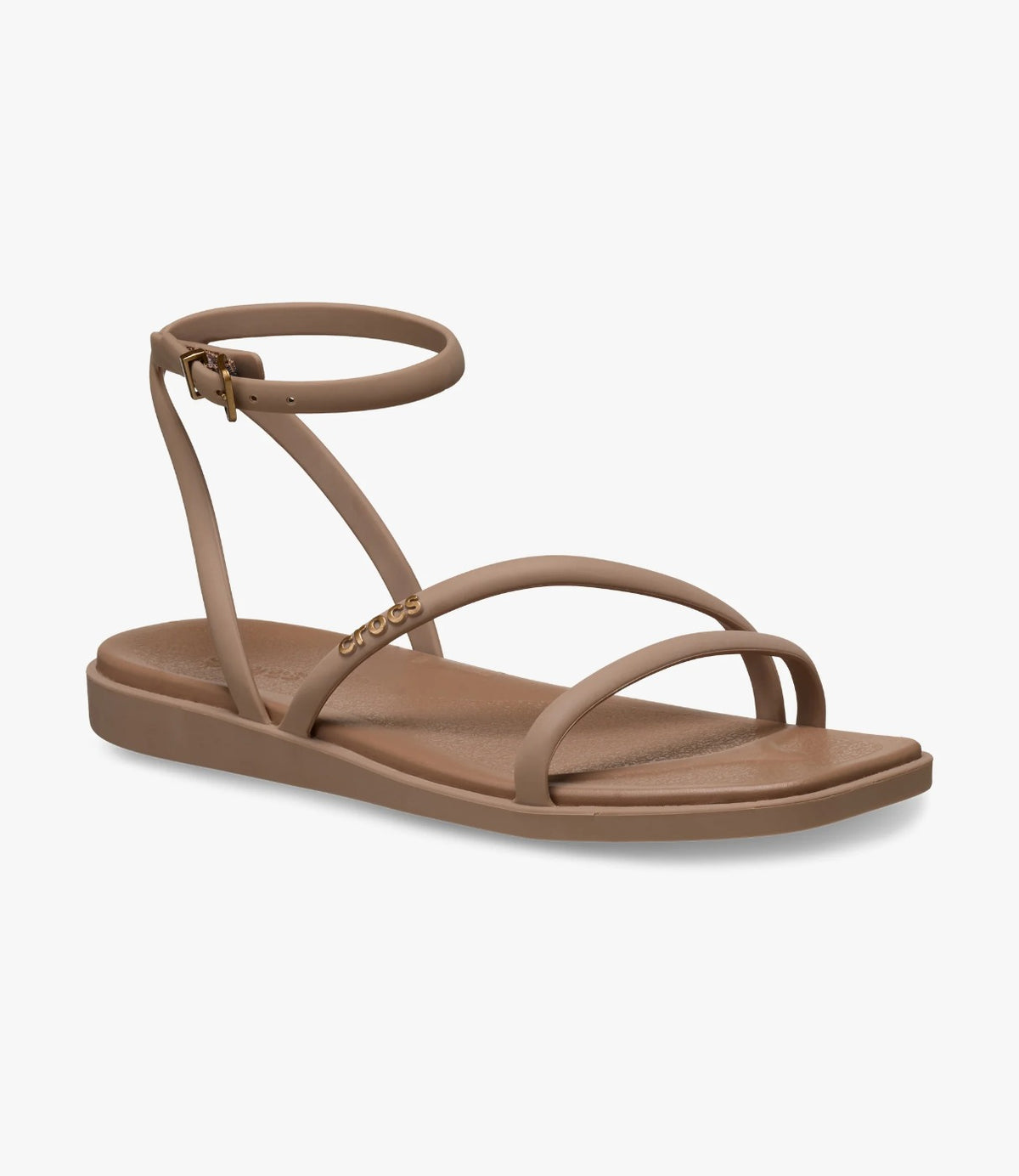 סנדל MIAMI ANKLE STRAP בצבע שוקולד חלב בזווית צד עם רצועת קרסול ואבזם מוזהב - CHOZEN