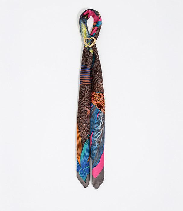 צעיף משי צבעוני עם דוגמת נוצות ותפסן לב זהב, אופנה יוקרתית מ-CHOZEN