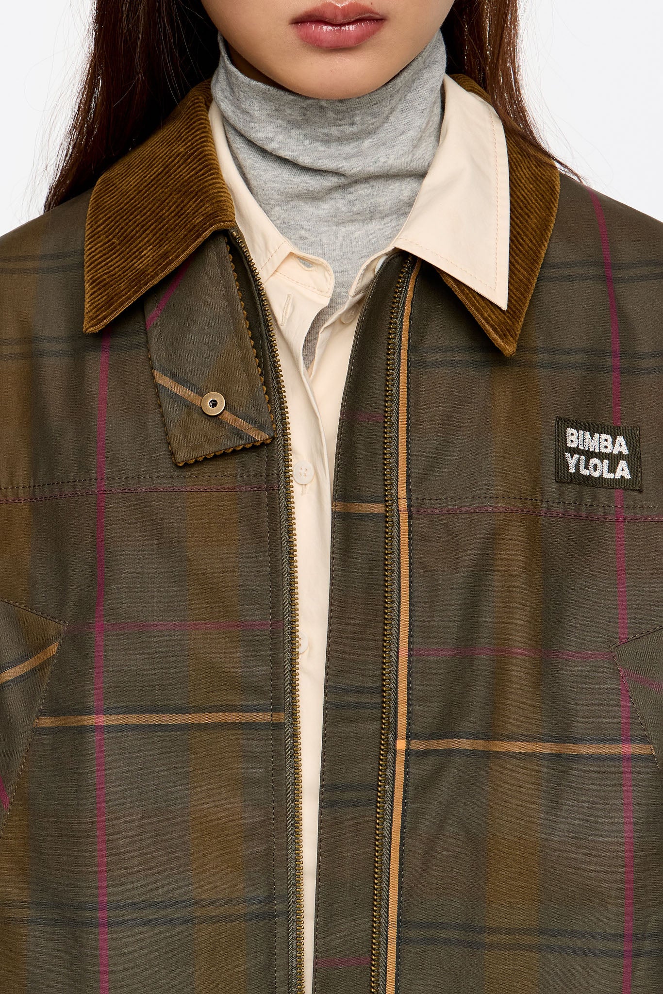 ז'קט קלאסי משובץ לנשים Bimba Y Lola עם צווארון קורדורוי חום באתר CHOZEN