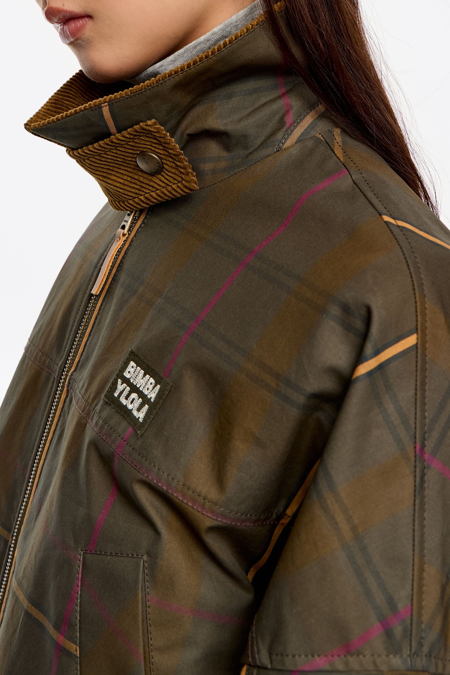 מעיל משובץ ירוק חאקי לנשים, קולר גבוה, לוגו BIMBA Y LOLA, אופנה מותגים מובילים, CHOZEN