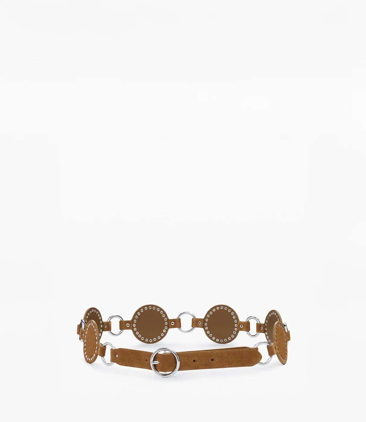 חגורת עור חומה עם עיגולים מתכתיים ועיטורי ניטים, אביזר אופנה טרנדי לנשים