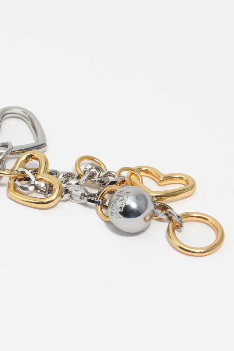 מחזיק מפתחות מתכתי זהב וכסף עם צורות לב וכדור מבריק, עיצוב אופנתי