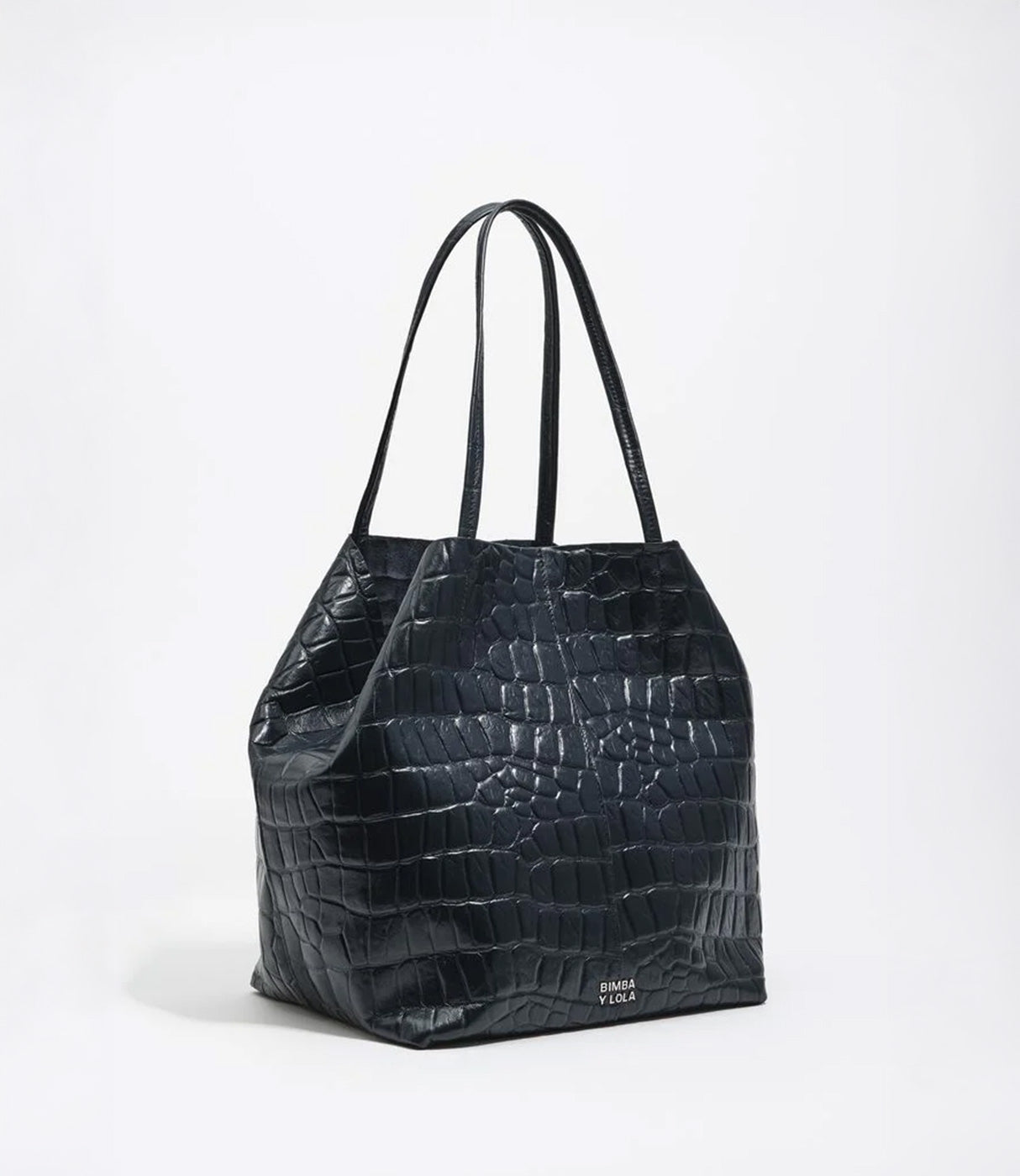 תיק יד לנשים דמוי עור קרוקודיל שחור, עם ידיות כפולות, עיצוב אלגנטי, כיתוב BIMBA Y LOLA