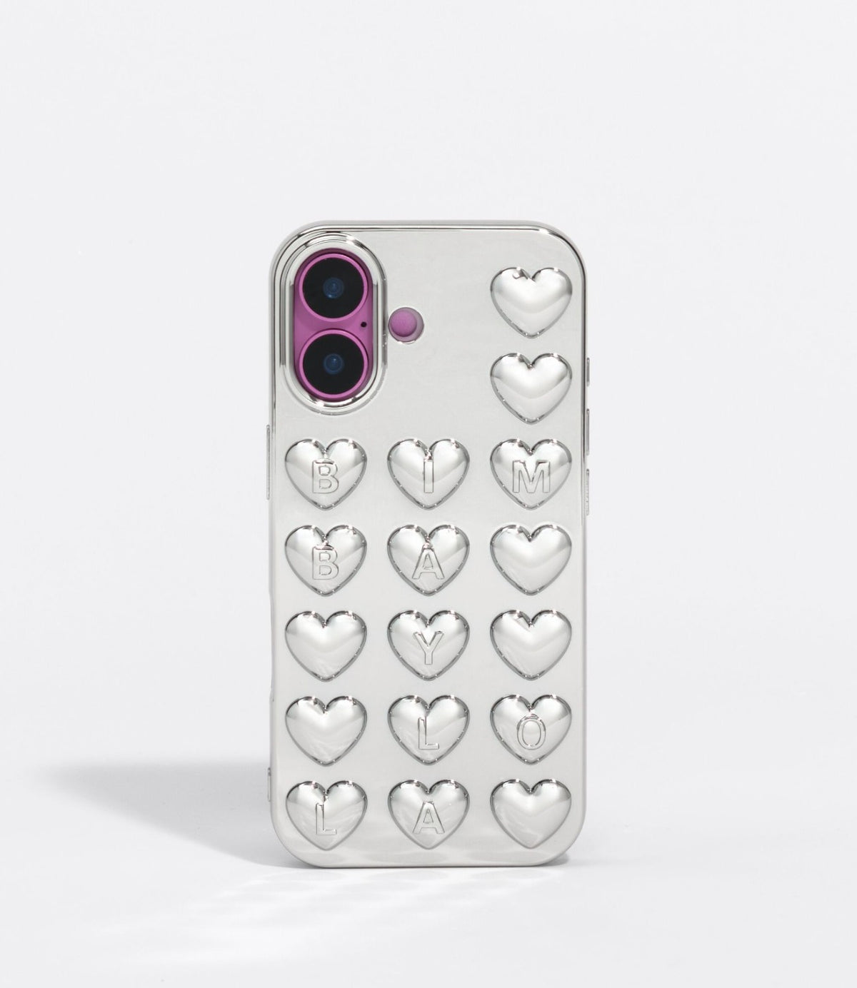 כיסוי ל-iPhone בצבע כסף עם לבבות תלת-ממדיים ולוגו המותג חרוט בחלק האחורי - CHOZEN