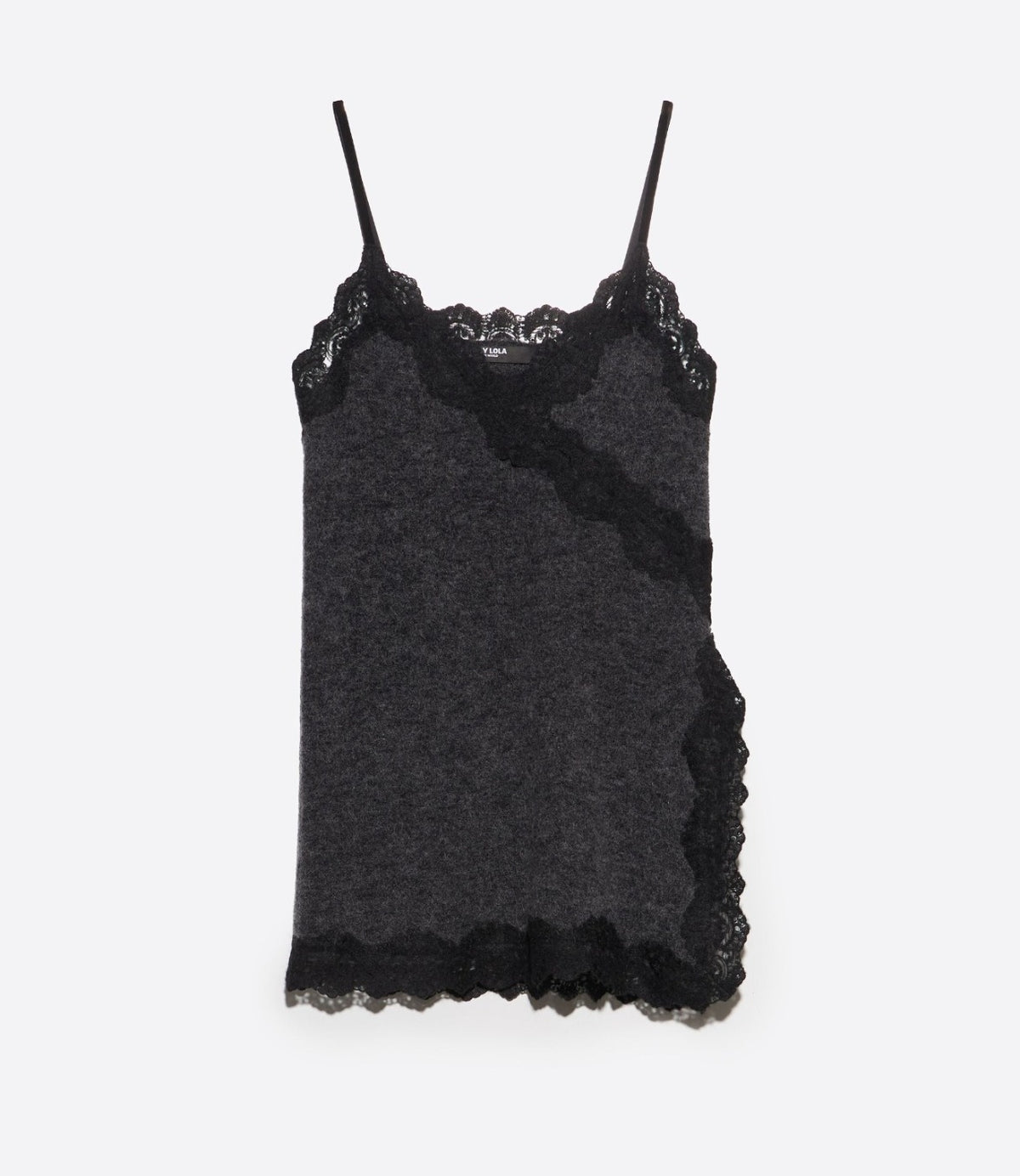 טופ אפור עם תחרה שחורה מונח שטוח על רקע בהיר - CHOZEN