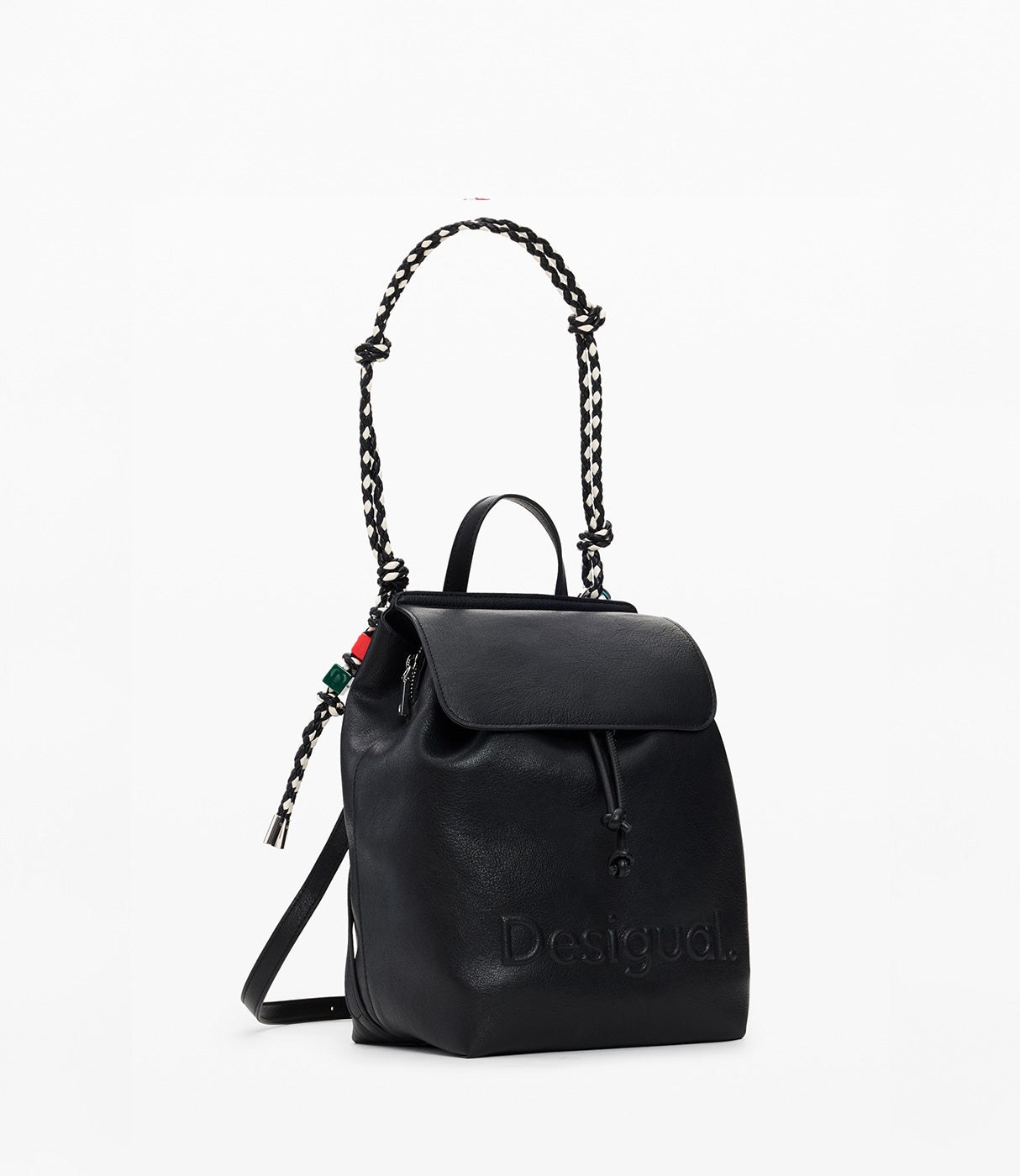 תיק גב שחור עם רצועת חבל קלועה, עיצוב מודרני, מתאים ליום יום