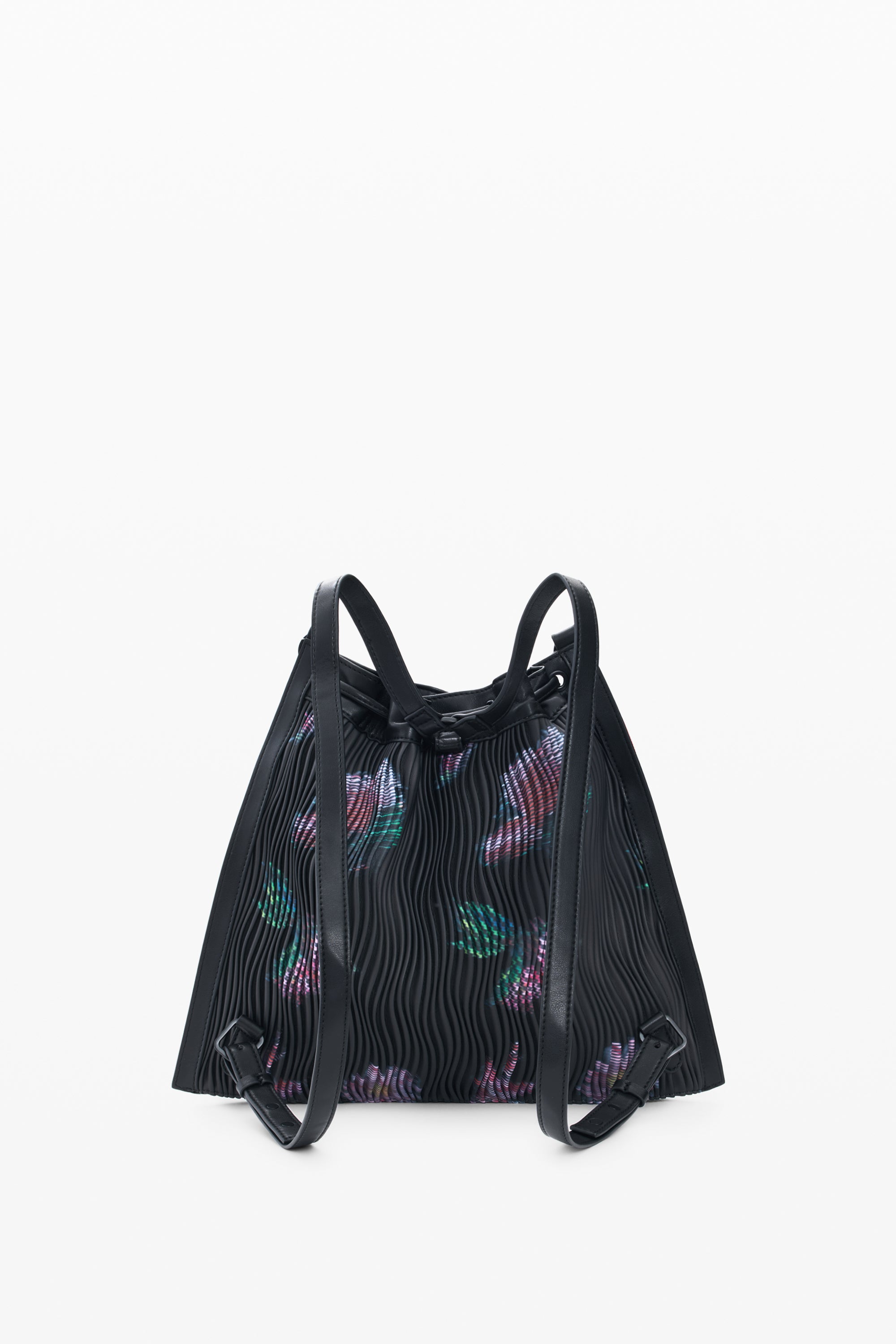 תיק גב אופנתי שחור עם דוגמת קווים ופרחים צבעוניים, רצועות מתכווננות
