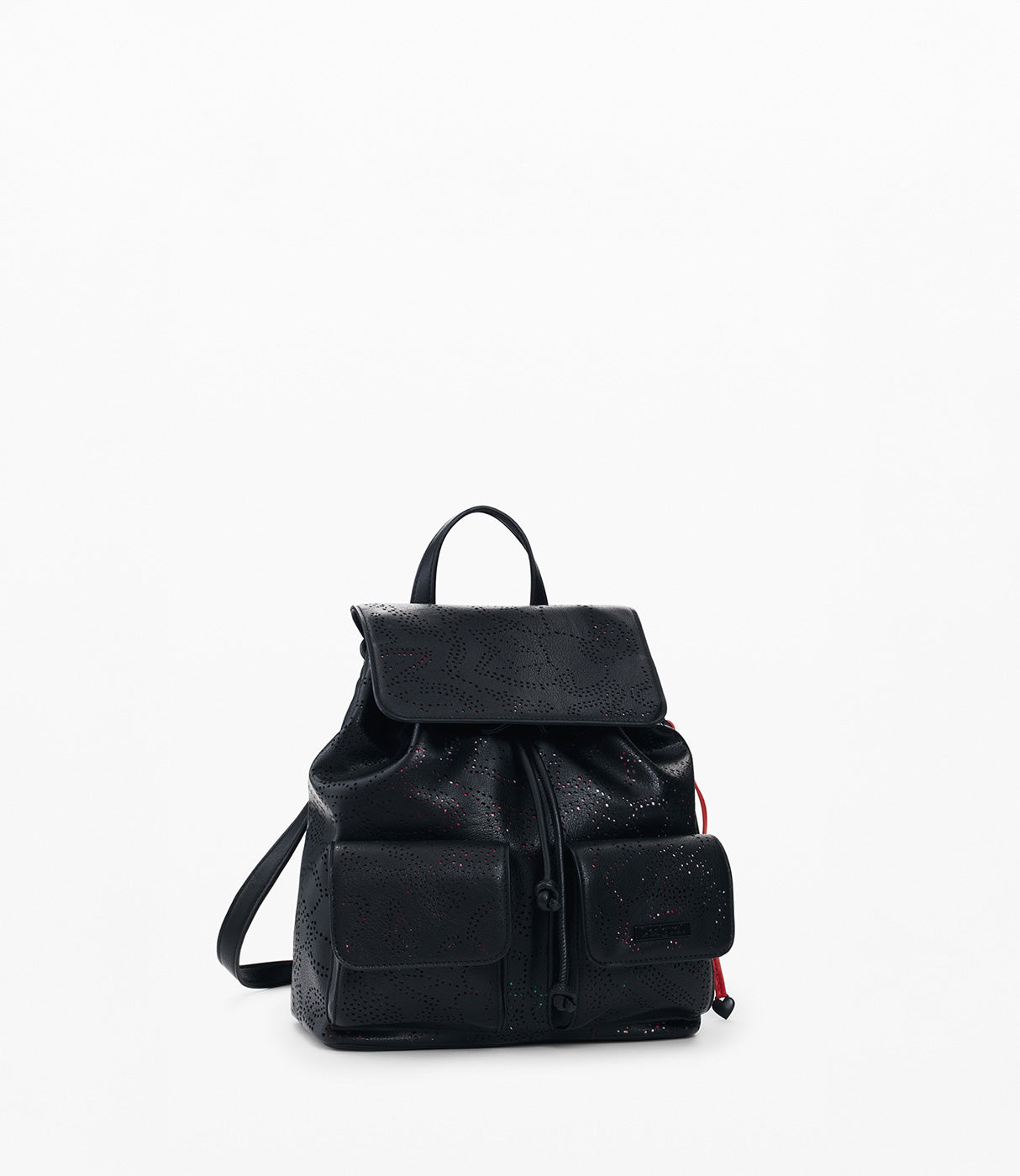 תרמיל גב שחור מעור עם כיסים קדמיים וסגירת שרוך, עיצוב מודרני אלגנטי לנשים