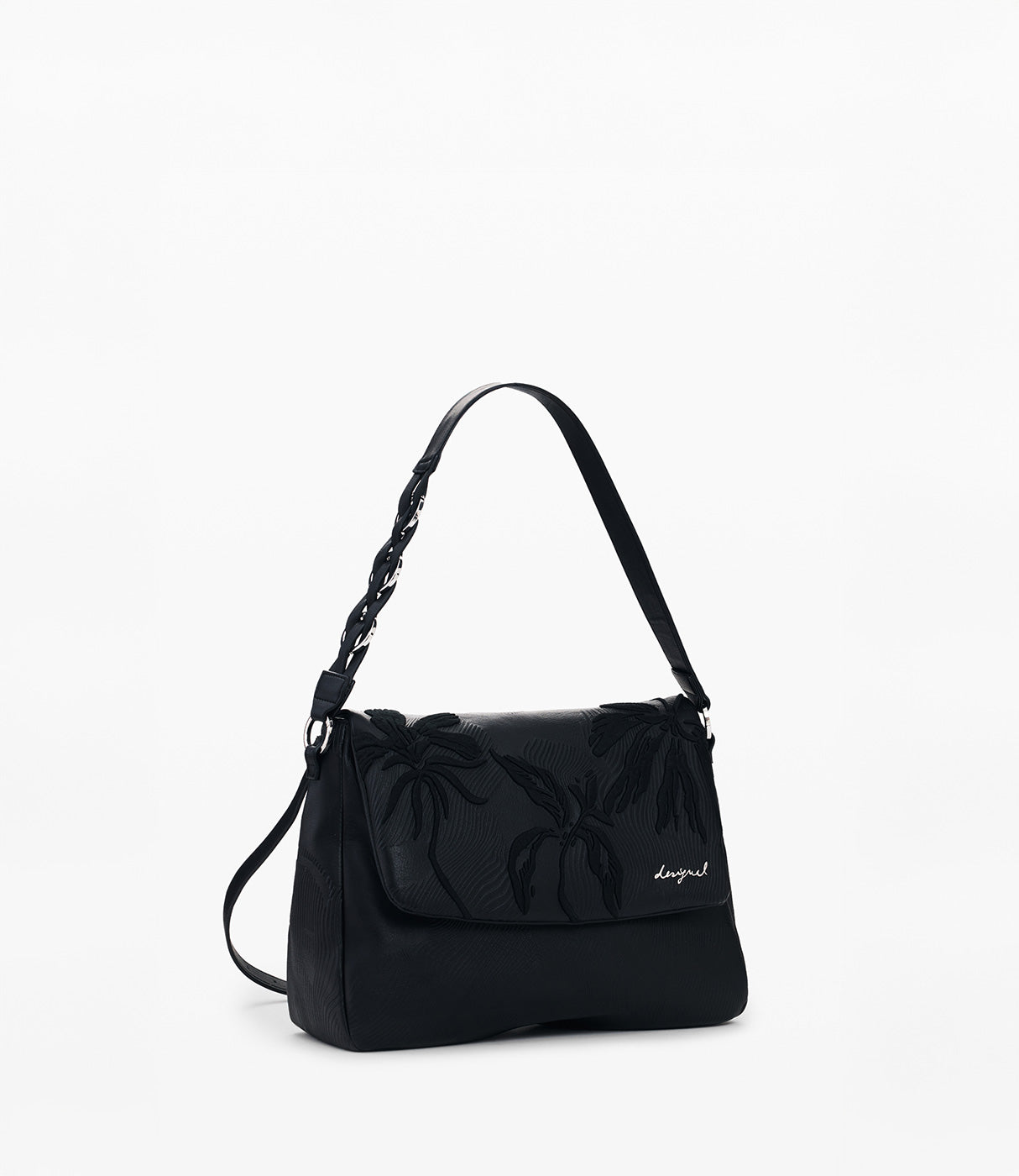 תיק צד שחור עם דוגמת עלים בולטים ורצועה קלועה לנשים, אופנתי ואלגנטי