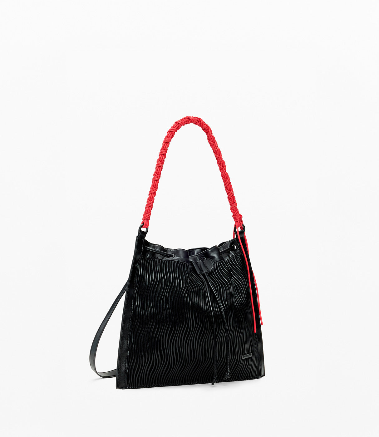 תיק עור לנשים שחור עם דוגמת גלים וידית אדומה קלועה, תיק אופנתי אלגנטי