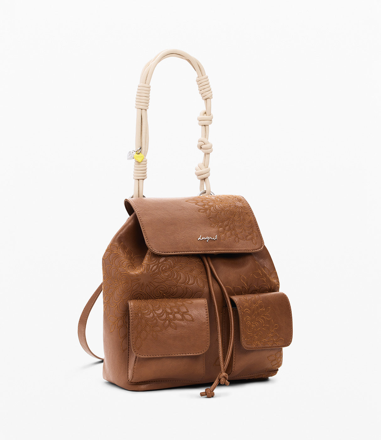 תיק גב חום מעור סינתטי עם עיטורים פרחוניים, כיסים קדמיים וידית קשירה בהירה