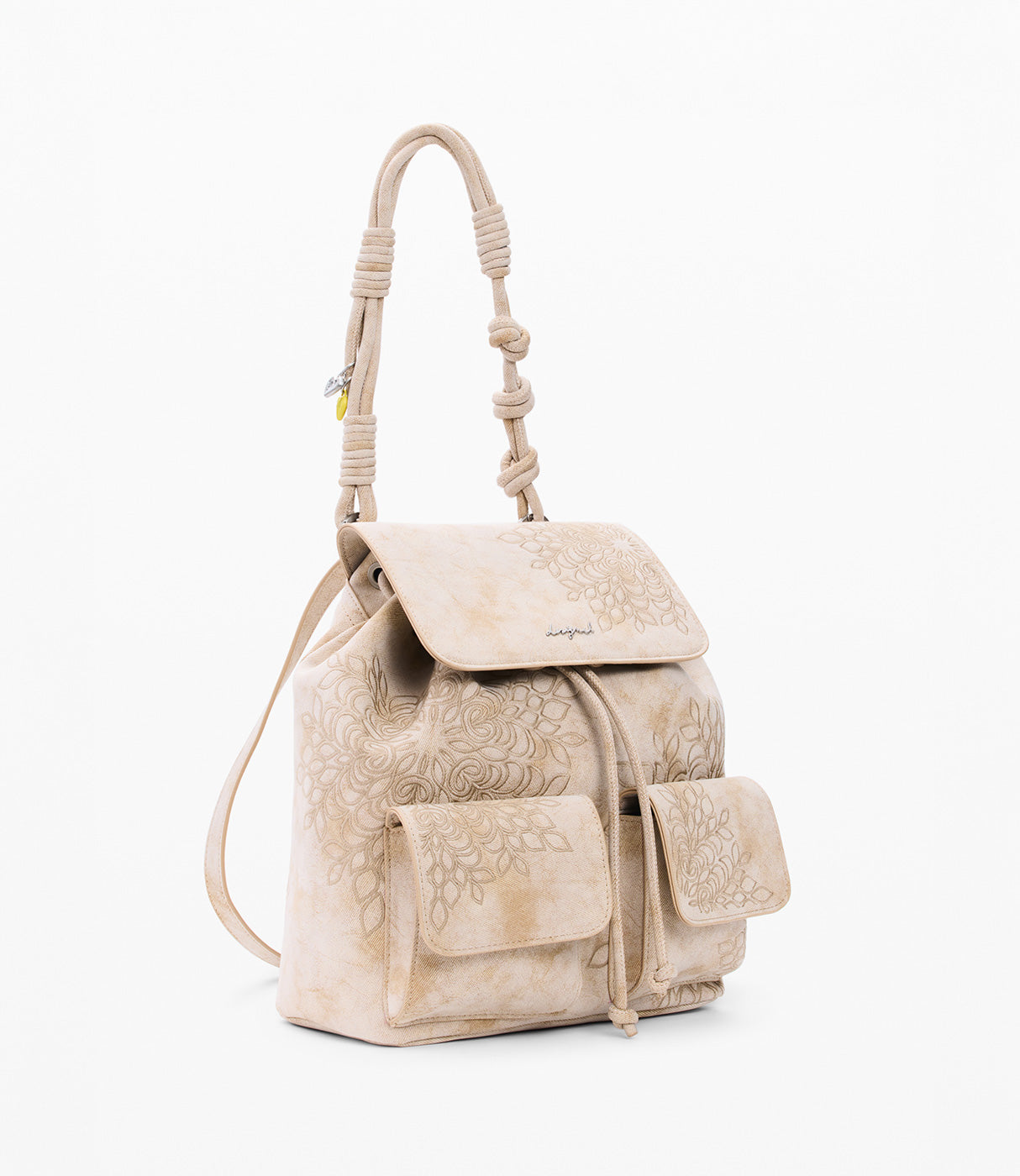 תיק גב בהיר עם הדפס פרחוני, כיסים קדמיים ורצועות מעוצבות, אופנה לנשים