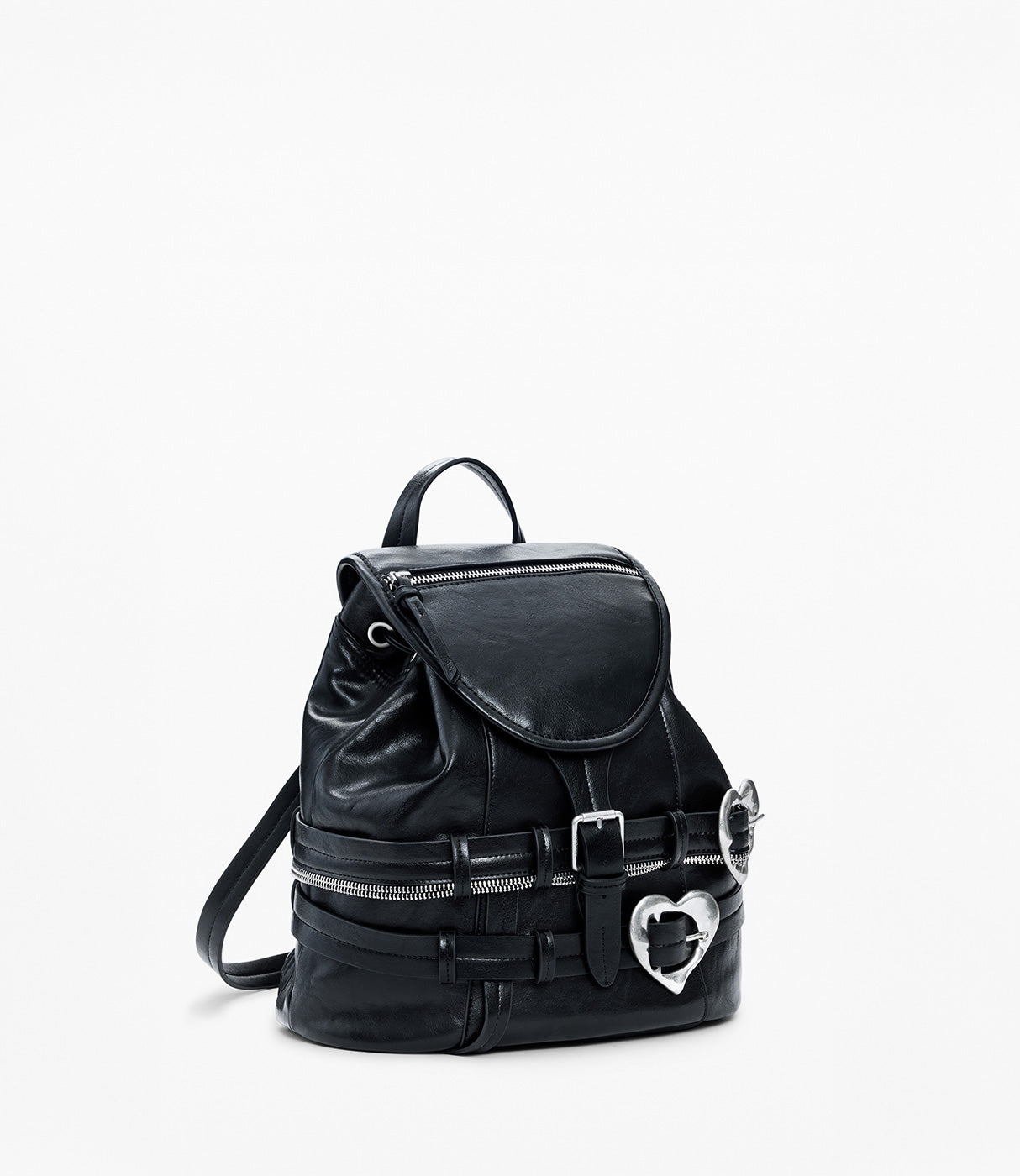 תיק גב עור בצבע שחור עם רוכסנים ואבזם לב כסוף, בסגנון אופנתי לנשים