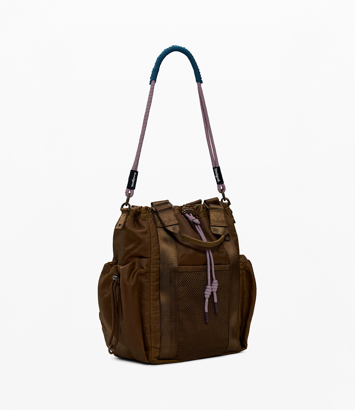 תיק גב חום עם כיס רשת קדמי ורצועה מעוצבת, מתאים לנשים, אופנה ויומיום