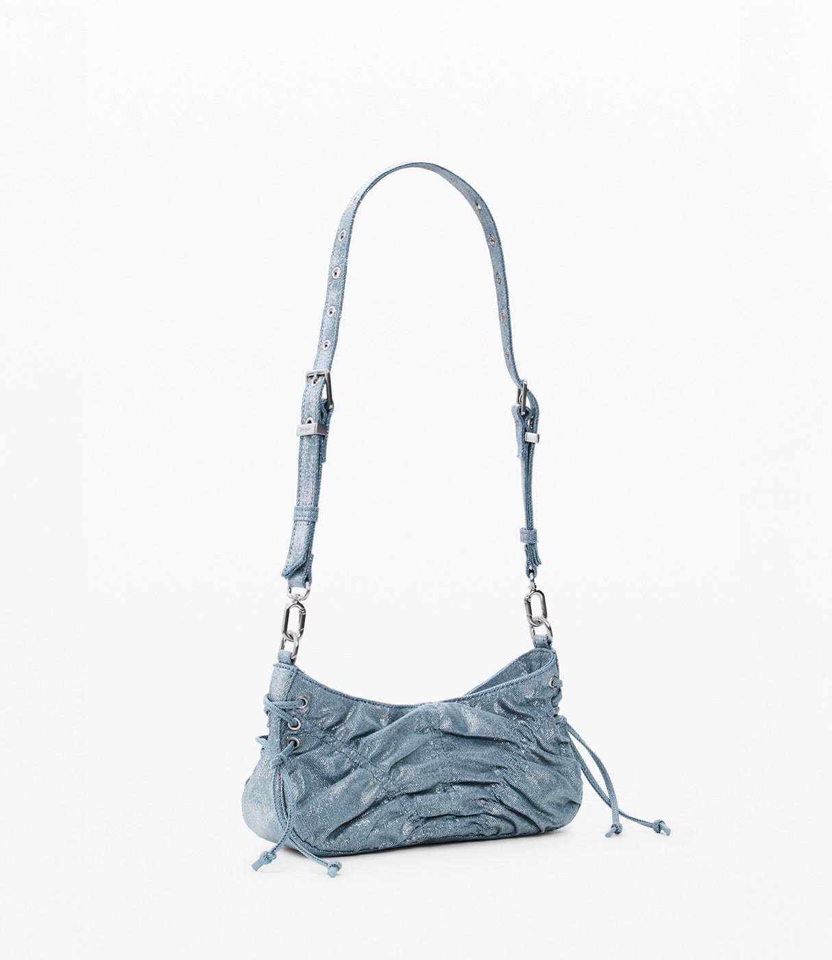 תיק כתף כחול לנשים עם רצועה מתכווננת ובד מקומט, אופנתי ליום יום