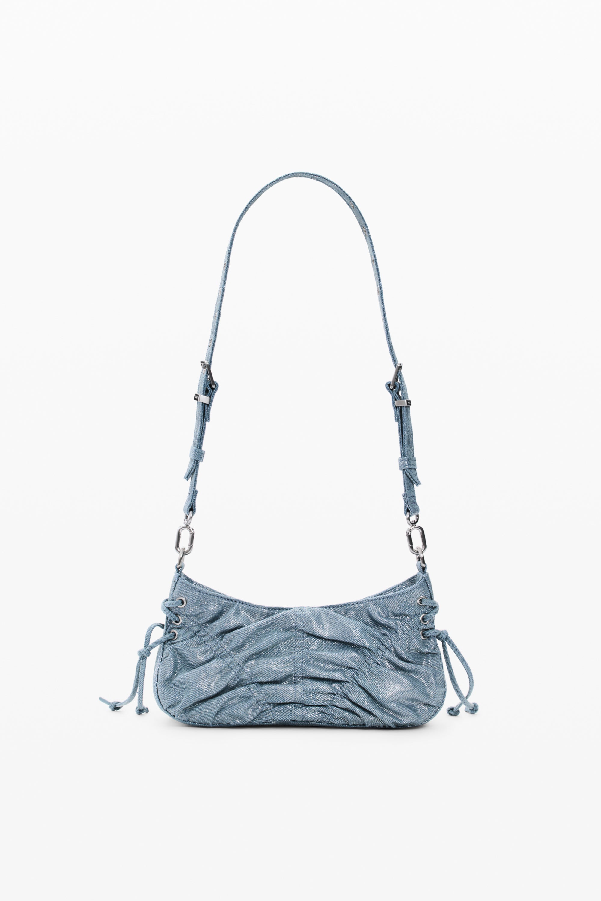 תיק כתף אופנתי, בד ג'ינס כחול עם קפלים ונצנצים, רצועה מתכווננת לנשים