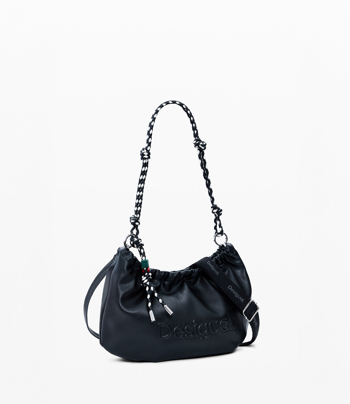 תיק צד שחור לנשים עם רצועה קלועה ועיטורים, לוגו Desigual מובלט, אופנתי וטרנדי