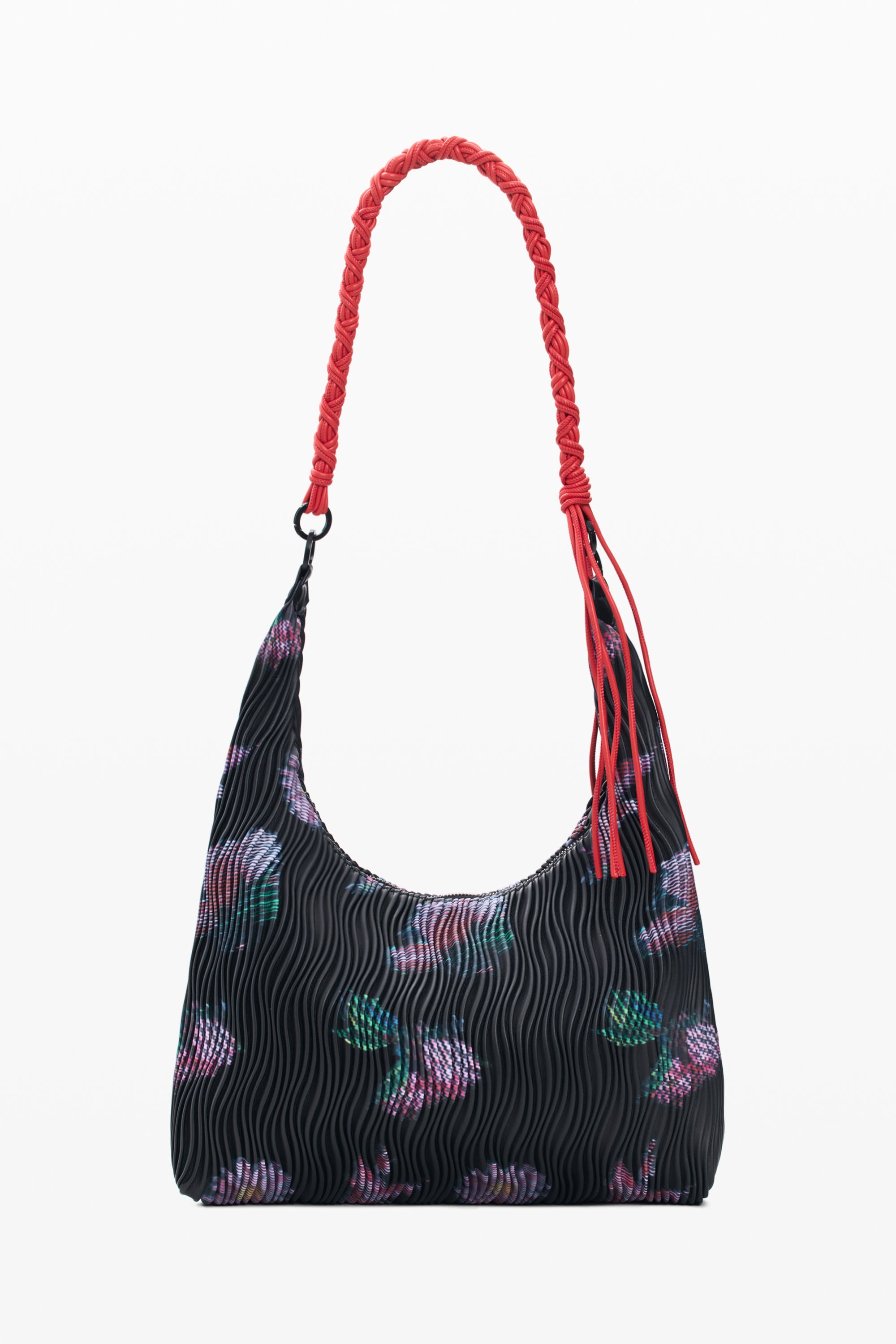 תיק יד מבד שחור עם דוגמת פרחים צבעוניים וידית קלועה בצבע אדום