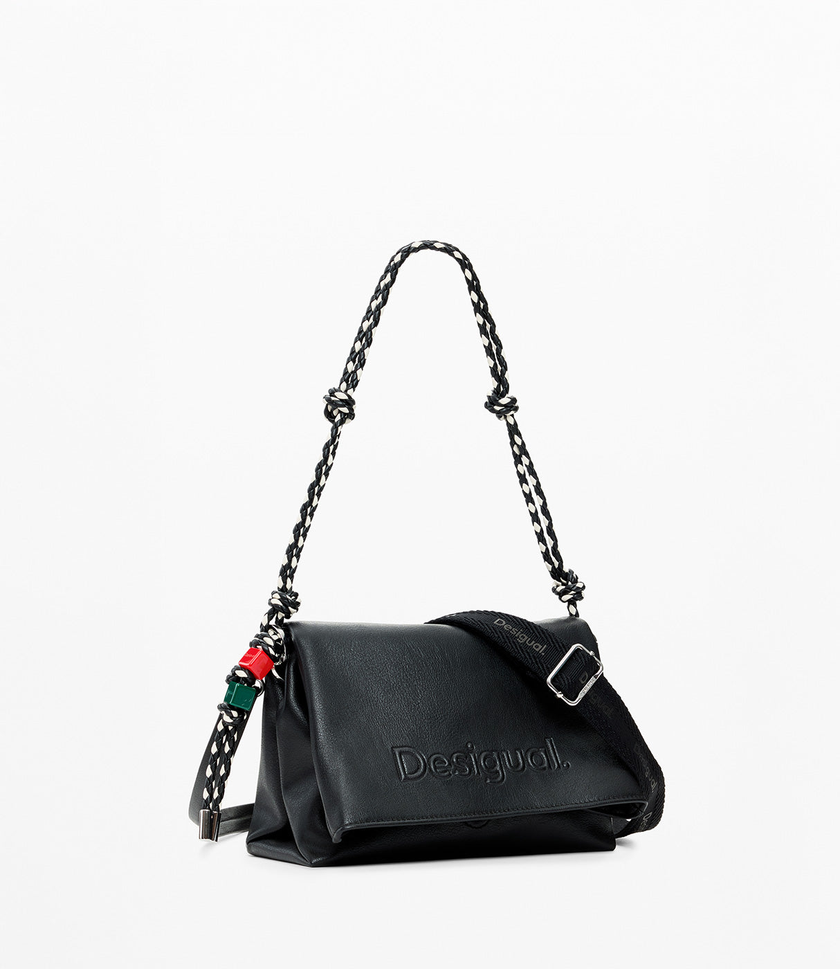 תיק צד שחור לנשים עם רצועה קלועה, לוגו Desigual מובלט ועיטורי חרוזים צבעוניים