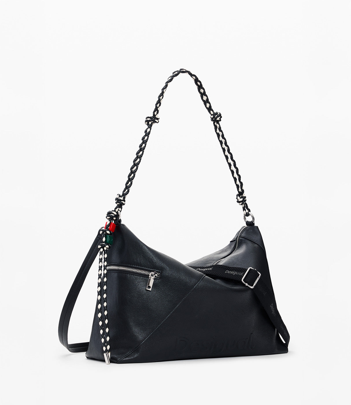 תיק כתף גדול לנשים בצבע שחור עם רצועת שרשרת ודוגמת קלועות, כיס חיצוני וריצ'רץ'.
